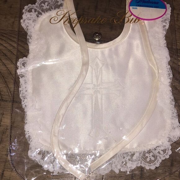 Madonna Christening Bib Lace and Satin w/Snap Keepsake Bib Holder Made in USA - Picture 12 of 17